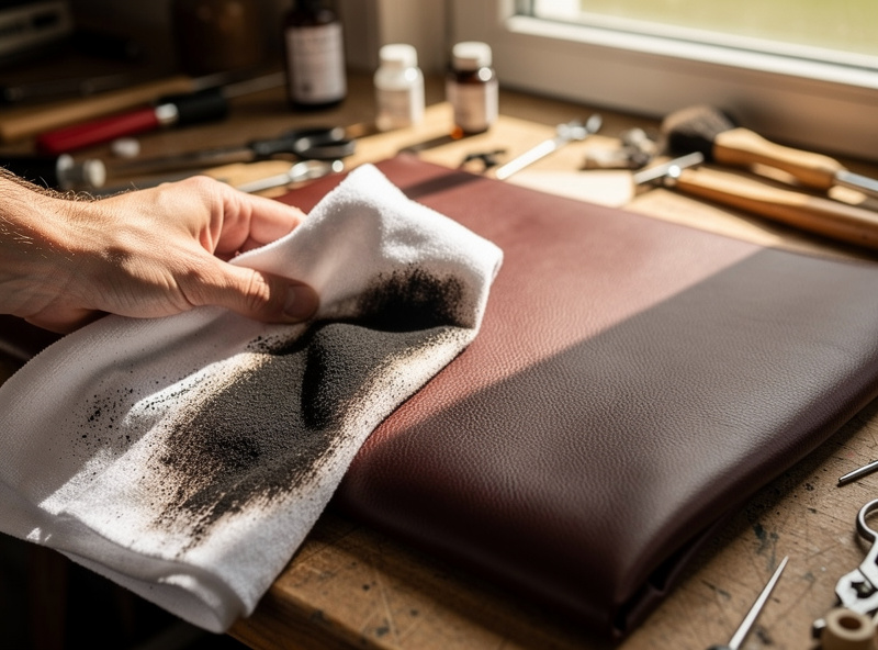 Buffing loose pigment off a dyed leather surface with a white cloth to stop rub-off, beside a now-even rescued leather piece