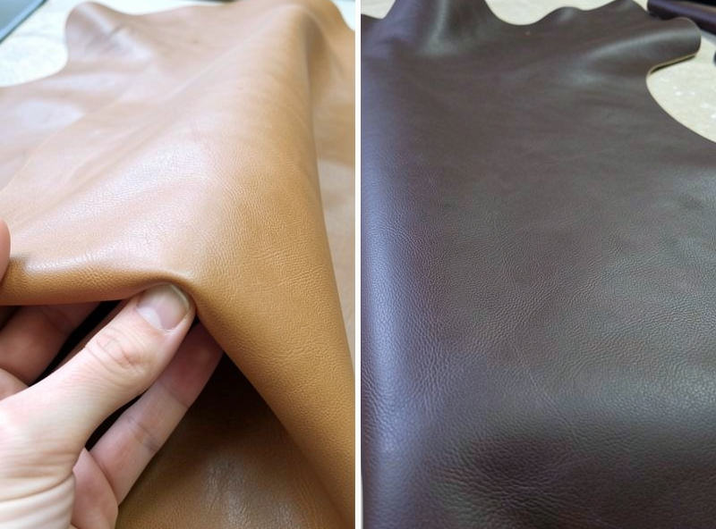 Thin supple garment leather draping over a hand next to thicker firmer upholstery leather, showing the temper difference