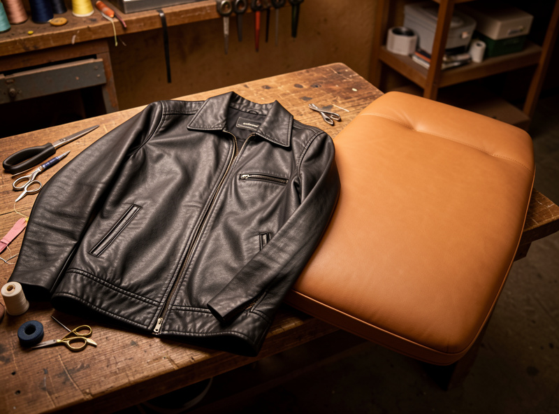 A soft black leather jacket beside a tan leather upholstery cushion panel on a workshop bench with sewing tools