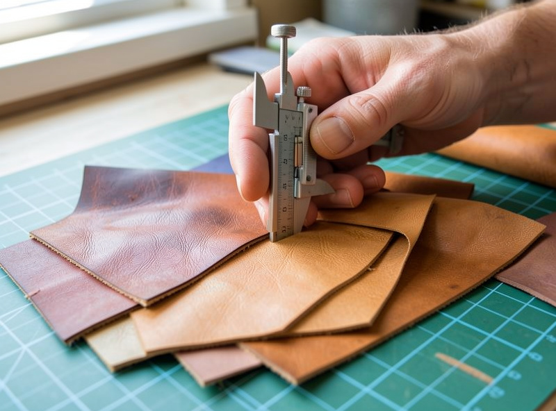 A leather worker measuring leather thickness with calipers beside fanned-out leather swatches in different finishes
