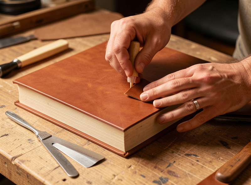 Veg-tan leather being glued and turned over book boards with neat mitred corners on a workbench