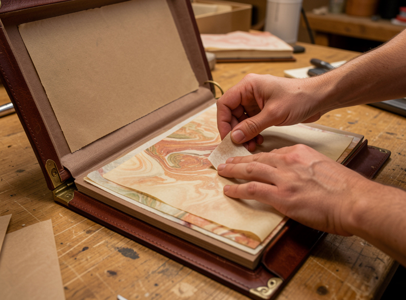 Hands pasting down marbled endpapers inside a finished leather book case