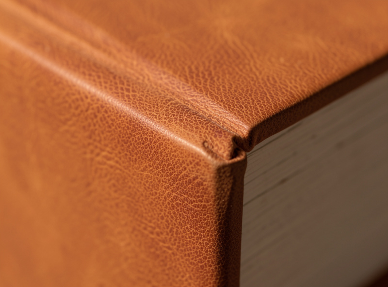 Close-up of a finished leather book corner and spine with crisp turned-in edges