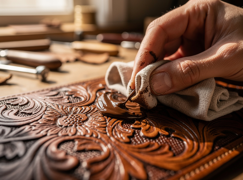 A hand working brown antique gel paste into a tooled leather surface with a soft cloth, paste filling the stamped recesses