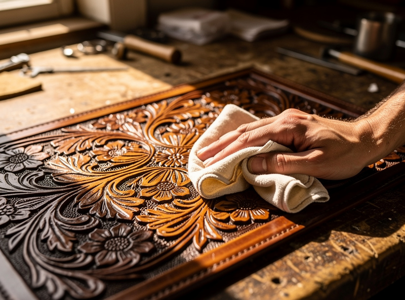 Wiping excess antique finish off the high spots of a tooled leather panel revealing pale raised areas and dark recessed lines