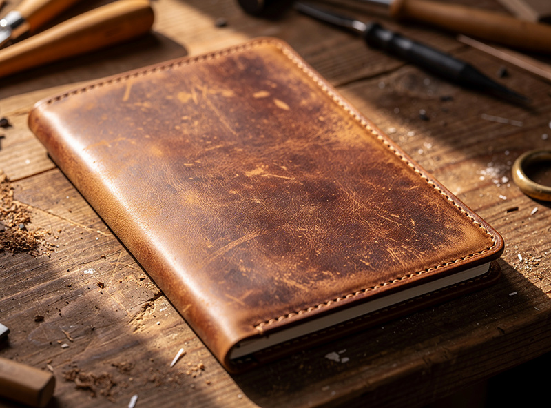 A finished weathered antiqued leather notebook cover with a mottled aged brown patina and worn-looking surface