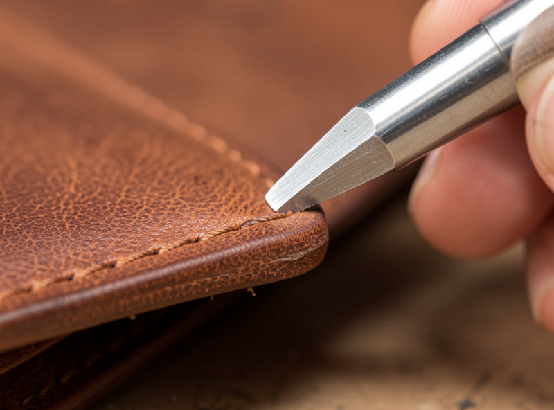 Edge beveler shaving a continuous curl off a veg-tan wallet edge on the bench