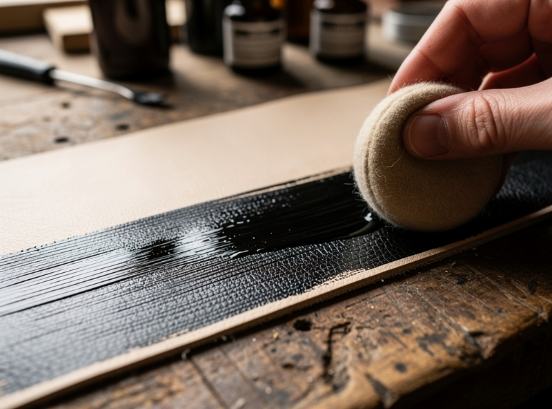 A hand applying the first coat of black oil dye to vegetable-tanned leather with a wool dauber in long even strokes