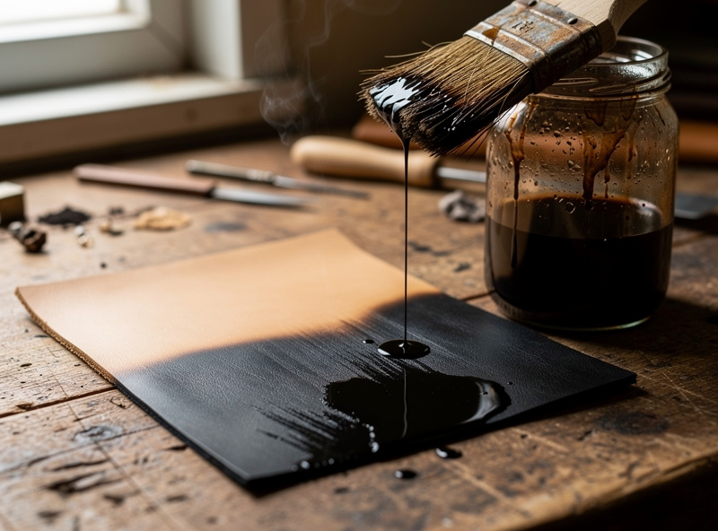 A piece of veg-tan leather turning black from a traditional vinegaroon iron-acetate solution with a jar and brush on a workshop bench