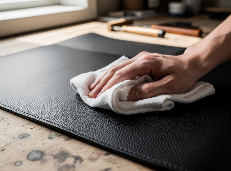 Buffing a freshly dyed black leather panel with a soft white cloth to lift grey haze and reveal deep even black