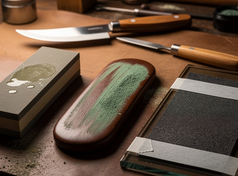 A leather paddle strop charged with green chromium oxide compound beside a combination whetstone and a sheet of wet-dry sandpaper on glass, with a head knife and skiving knife laid out for sharpening