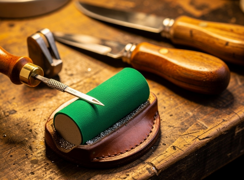A diamond stitching awl being stropped on green compound rolled around a grooved leather strop, with an edge beveler and a head knife waiting beside it on a workbench