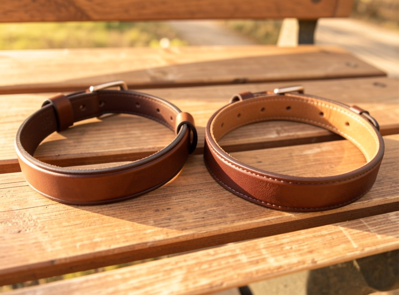 Two finished leather dog collars of different widths shown side by side for size comparison