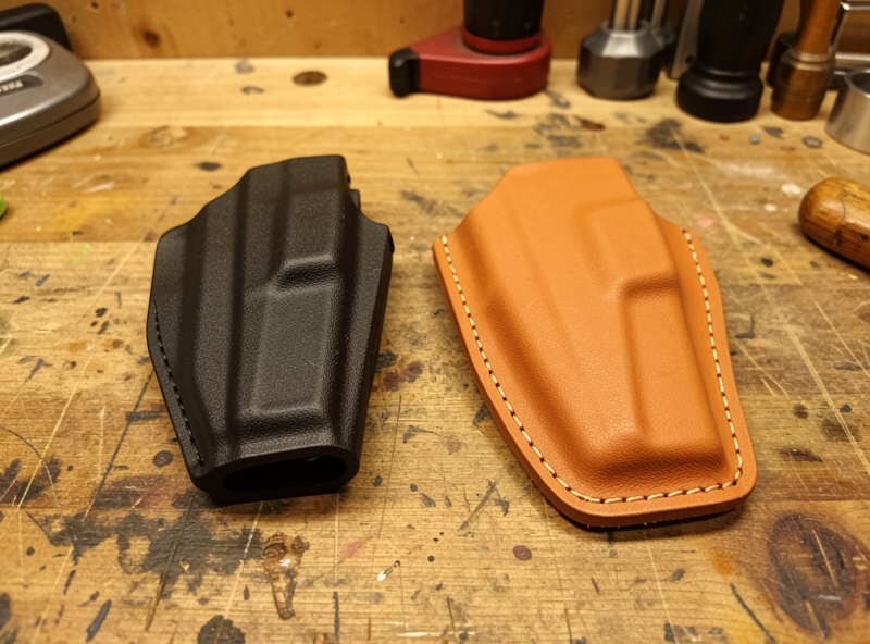 A black Kydex holster and a molded brown leather holster side by side on a workbench