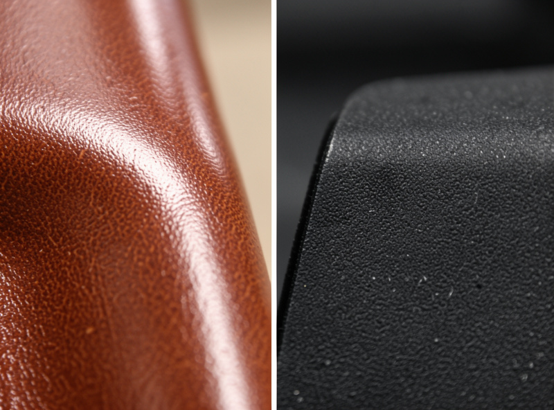 Close-up comparing the slicked burnished edge of a leather holster with the trimmed edge of a Kydex holster