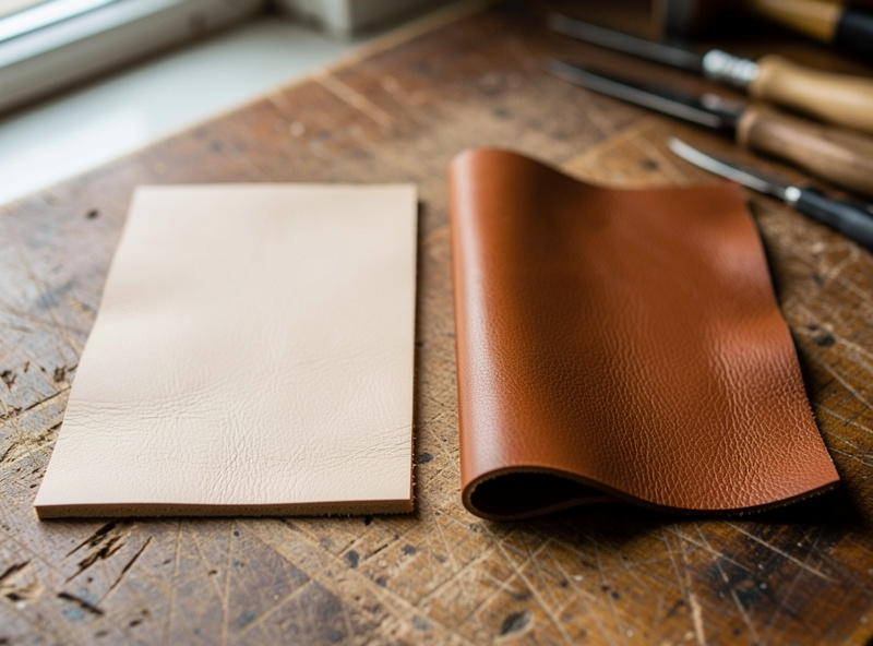 Veg-tan and chrome-tan leather pieces side by side on a workshop bench showing color and stiffness difference
