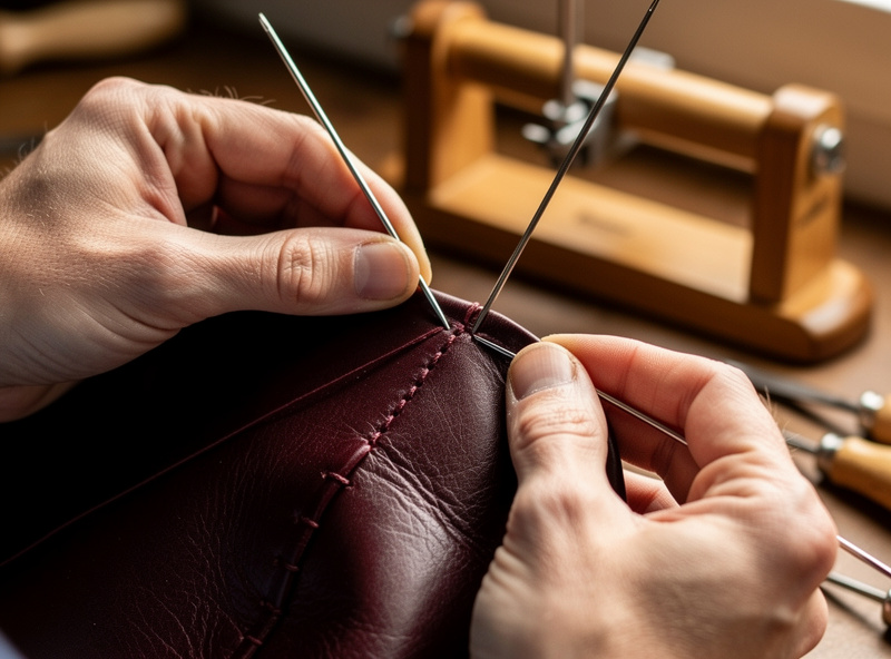 Shell cordovan being hand-stitched showing the rolling flex of the dense leather