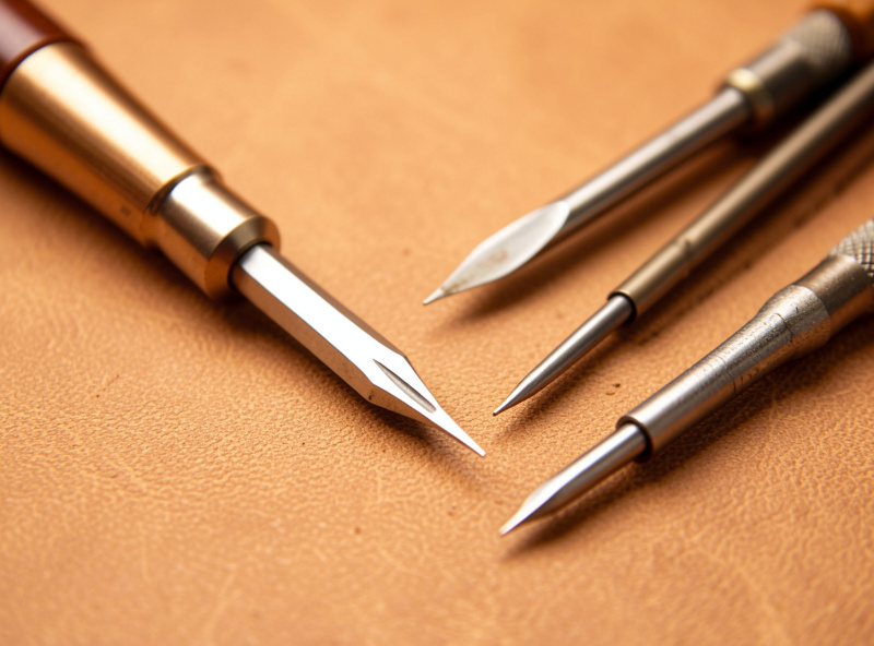 A sharp diamond awl and a set of pricking irons resting on tan leather