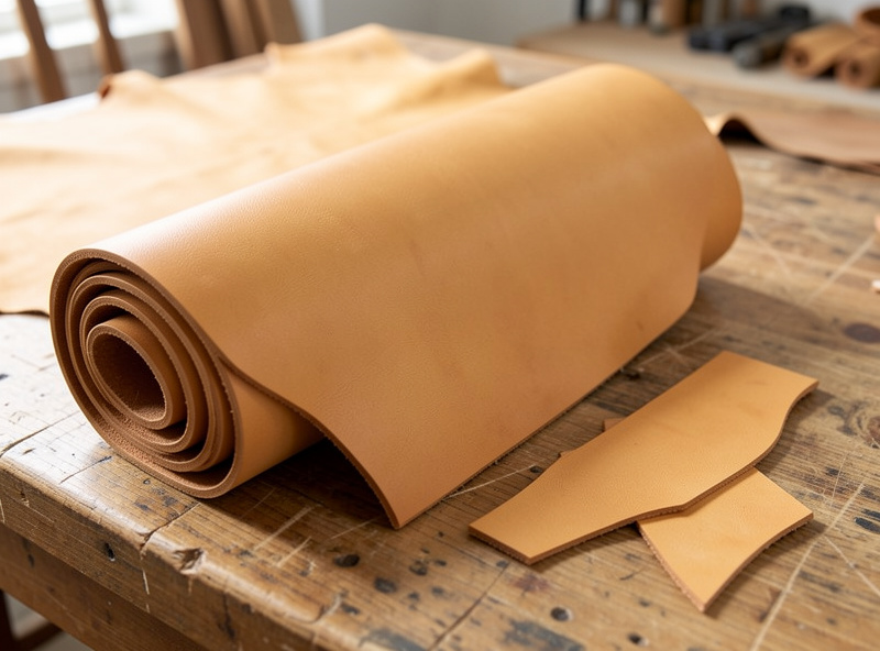A single rolled veg-tan shoulder beside small cut offcuts on a workbench