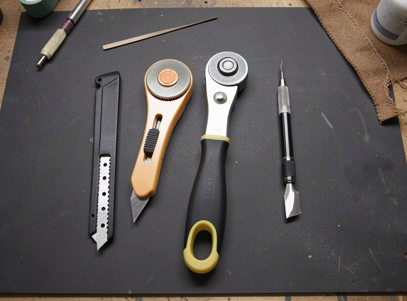 A utility knife, rotary cutter, round head knife, and craft knife laid out on a workbench