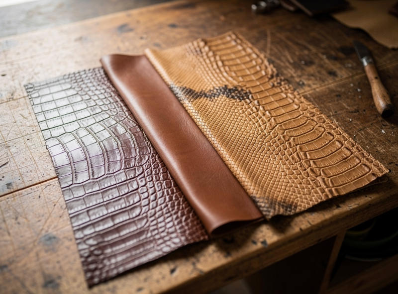 Several exotic leather swatches including alligator, ostrich and snake on a workshop bench