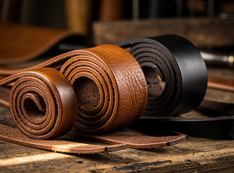 Rolls of latigo and harness leather straps on a workshop bench showing their supple stuffed character