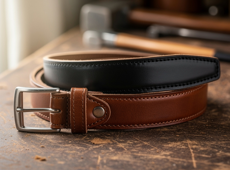 A finished harness leather belt and a latigo dog leash showing the two leathers in use