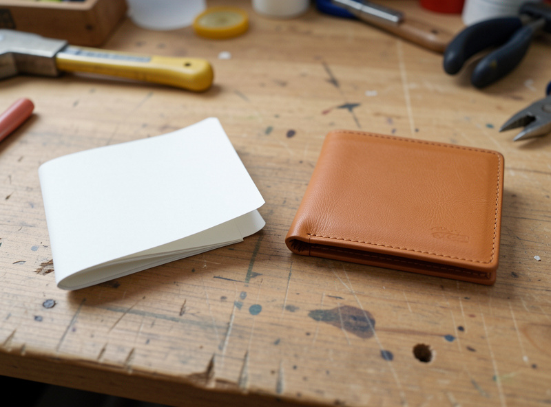A folded paper mock-up of a wallet next to the finished tan leather version