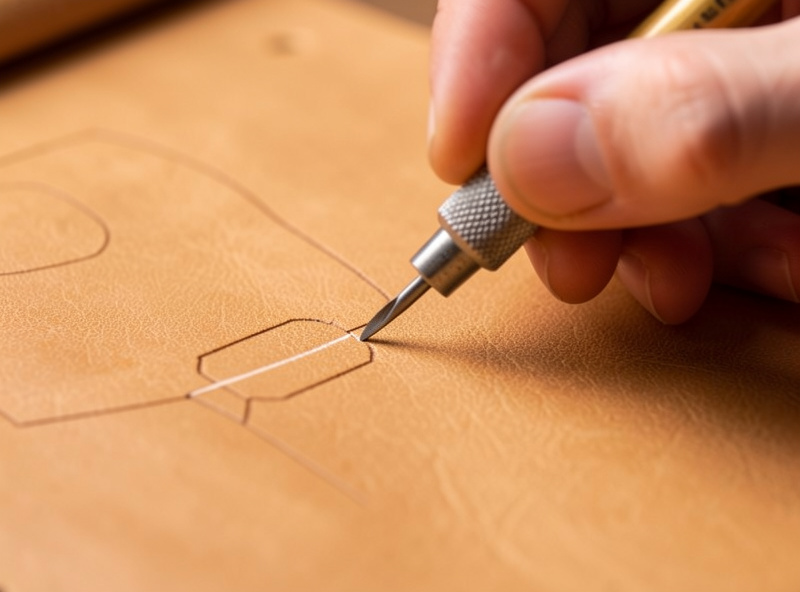 A scratch awl tracing a card pattern onto tan leather, scoring a light guide line