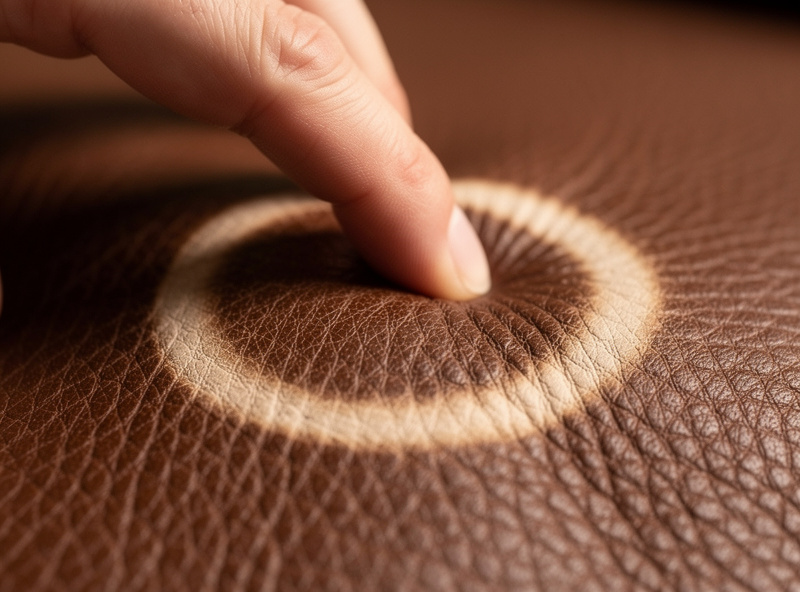 A thumb pressed into a pull-up leather hide showing the pale halo of the pull-up effect