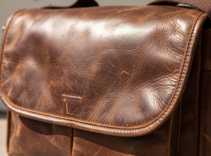 A worn pull-up leather bag showing rich patina with darker hand-contact areas and lighter fold lines