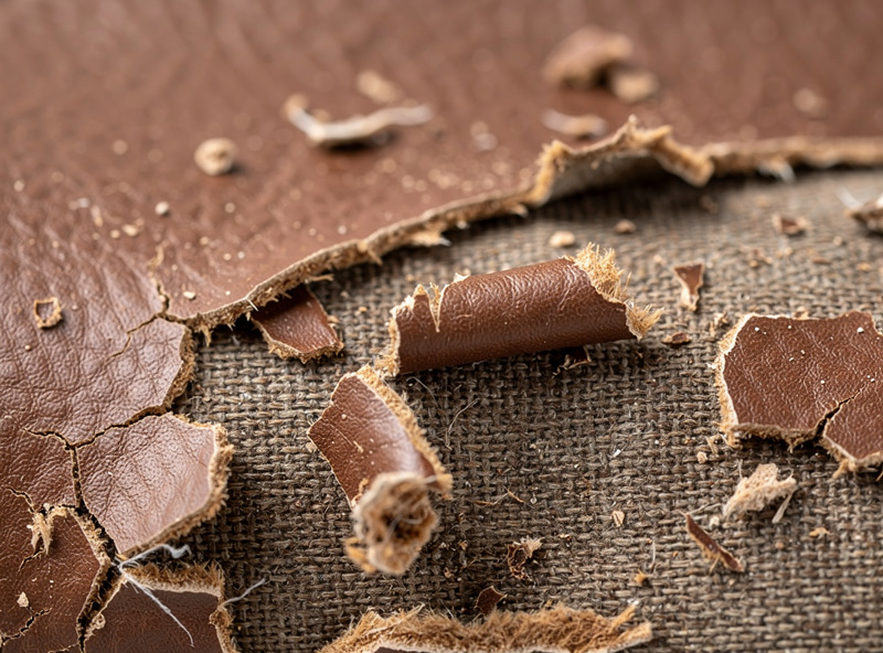 A piece of bonded leather peeling and flaking at the surface showing the backing underneath