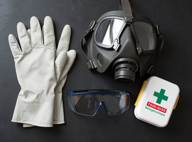 Leatherwork safety gear: nitrile gloves, an organic-vapor respirator, safety glasses, and a first-aid kit