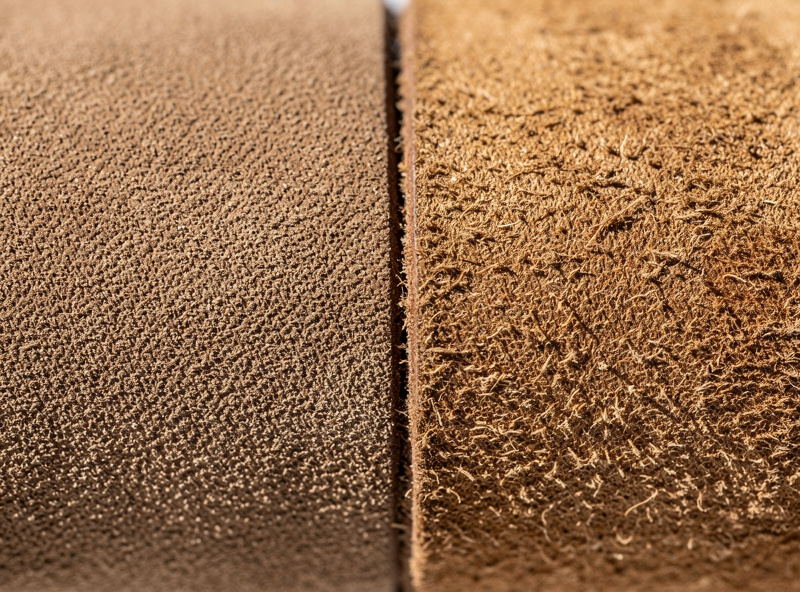 Nubuck and suede leather samples side by side showing the difference in nap fineness