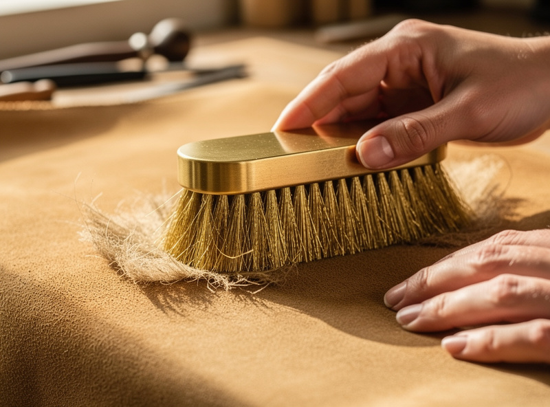 A suede brush lifting and reviving the nap on a piece of suede leather