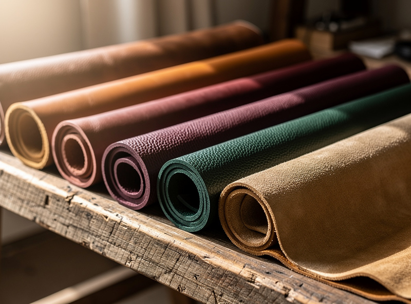 A selection of leather hides from different tanning regions arranged on a workshop table