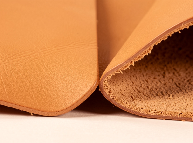 Both sides of tan veg-tan leather: the smooth grain side and the rough flesh side