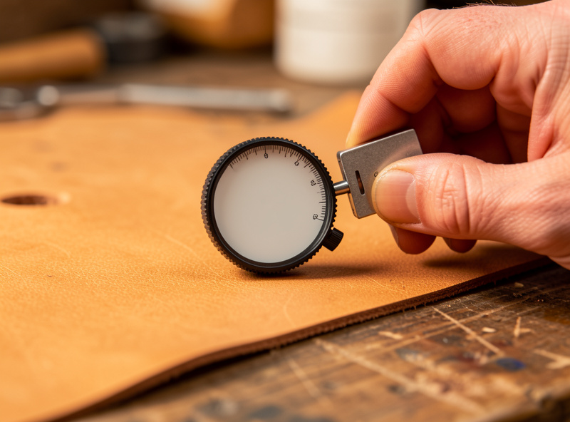 Dial thickness gauge measuring a piece of vegetable-tanned leather on a workbench