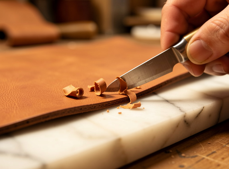 A skiving knife thinning the edge of thick vegetable-tanned leather, curls of leather peeling away