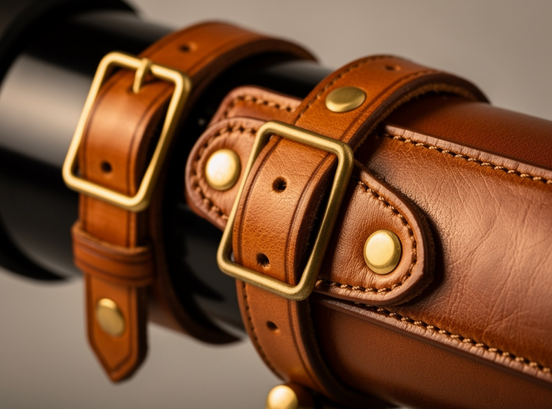 Hand-stitched leather telescope carry strap with brass hardware, wrapped around Maksutov-Cassegrain optical tube, workshop table