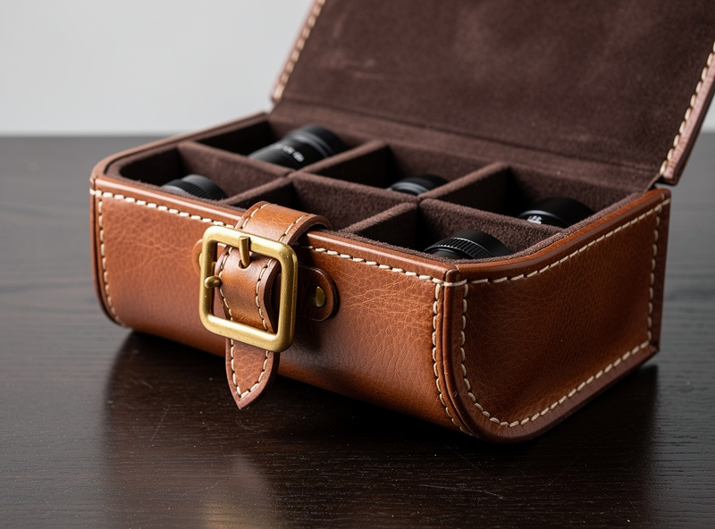 Custom leather eyepiece case with three compartments, eyepieces inside, brass buckle closure, hand-stitched construction on workshop bench