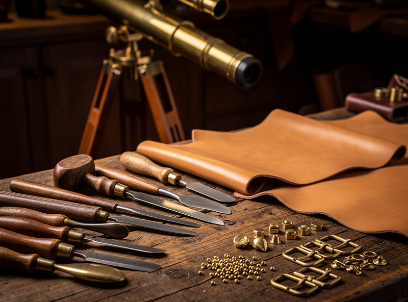 Leatherworking tools on bench with vegetable-tanned leather, brass hardware, telescope in soft background, craft and astronomy crossover