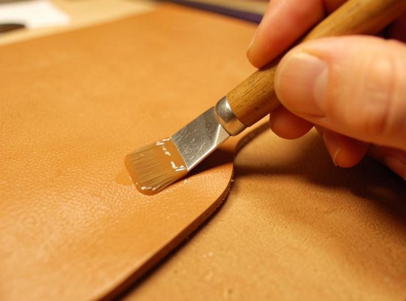 A hand slicking the edge of a small tan leather piece with a wooden burnisher