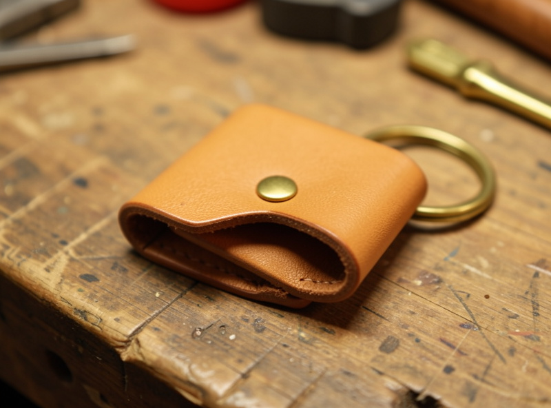 A finished tan leather key fob with a riveted fold and a brass key ring