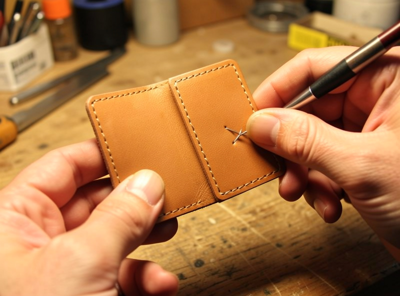Hands saddle-stitching a small two-panel tan leather card sleeve in a stitching pony