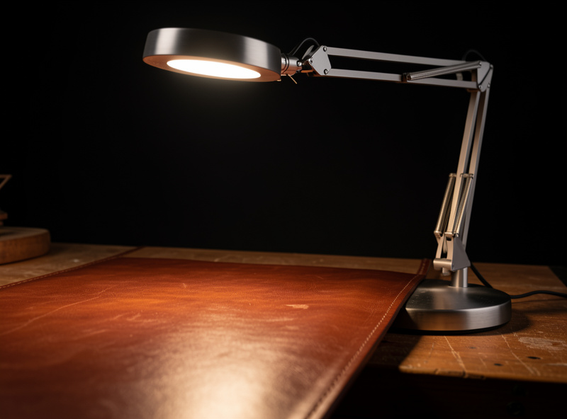 An adjustable LED lamp angled low across a burnished leather edge revealing its texture