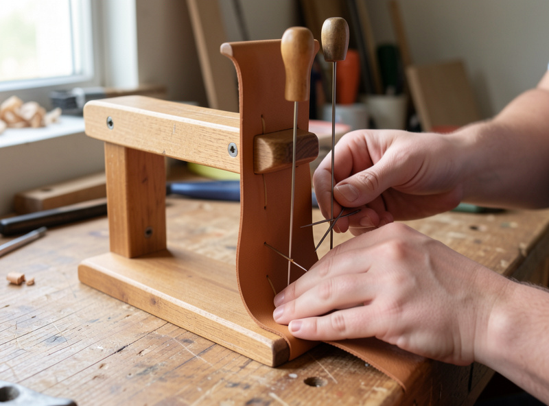 A wooden stitching pony clamp holding tan leather upright while hands saddle-stitch