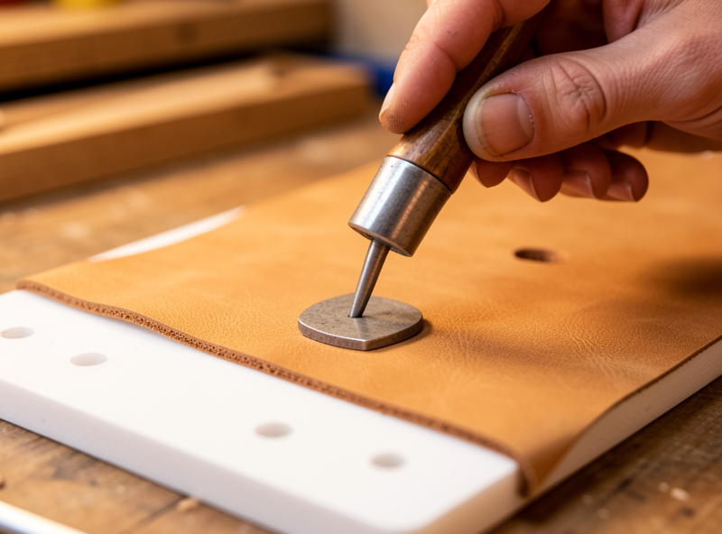 A maul striking a pricking iron into leather on a white poly punching board