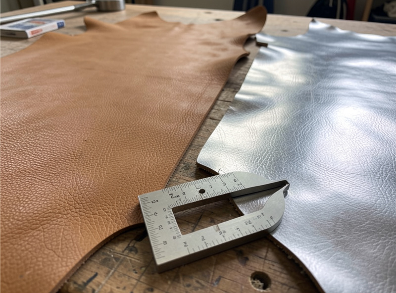 Veg-tan and chrome-tan leather sides laid out on a leather workbench with weight gauge