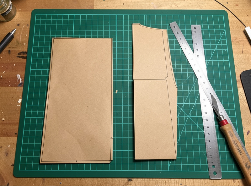 Cardstock bag pattern pieces traced and cut on a cutting mat next to a swivel knife